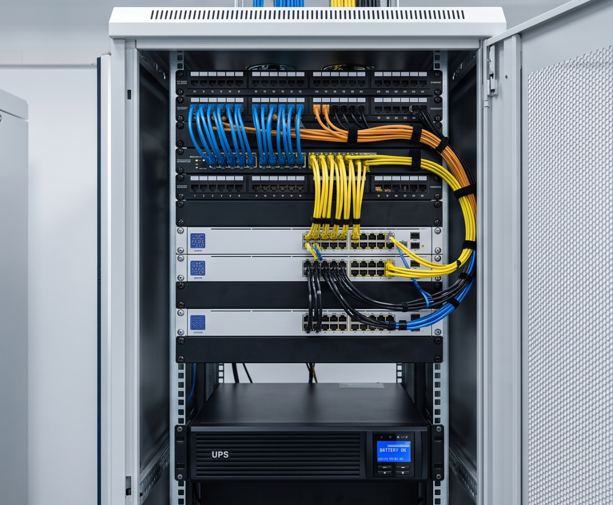 Armadio rack e cablaggio di rete PoE per videosorveglianza professionale